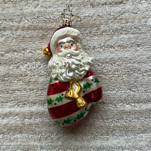 Christopher Radko Glass Ornament Santa in Shape of Mitten Striped with Ivy Rare